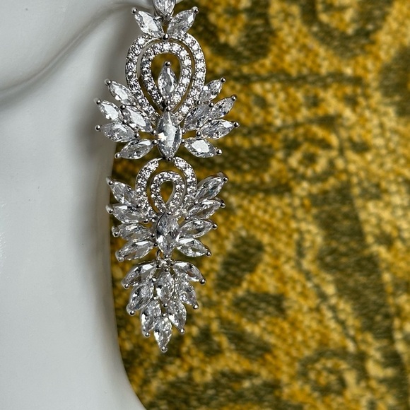 Silver Chandelier Earrings with Crystal Accents Dangle Drop Wedding PAGENT 4134 - Picture 9 of 11